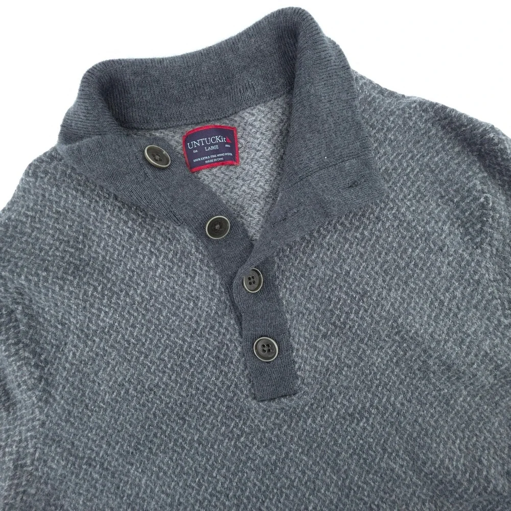 UNTUCKit Sweater Henley Mens L Gray Merino Wool Knit Button Collar‎ Pullover
